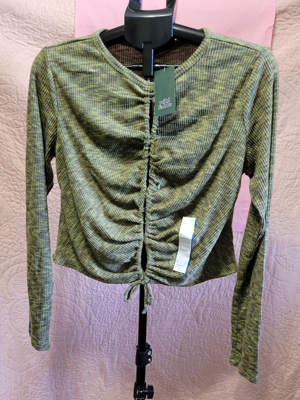 wild fable Olive Green Ruched Tie-Front Long Sleeve Top